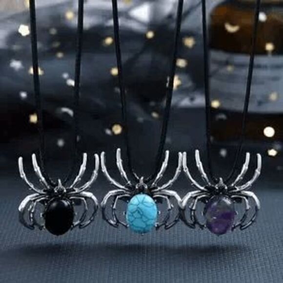 Gothic Halloween Obsidian Spider Pendant Necklace Brooch - Picture 2 of 4